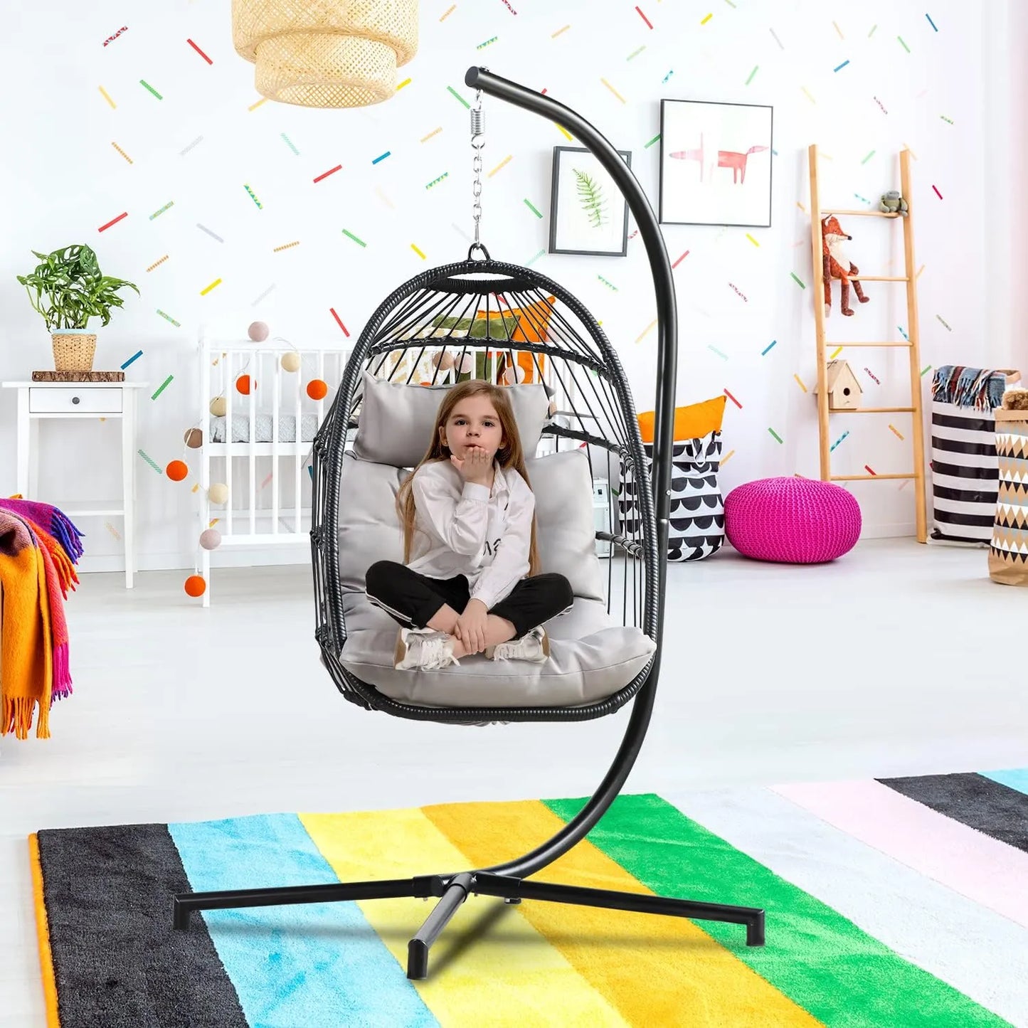 PRIVATE GARDEN Large Hanging Egg Chair with Stand Upgraded Wicker Egg Swing Chair Outdoor Indoor PE Rattan Hanging Chair with Grey Comfort Cushion Heavy Duty C-Stand