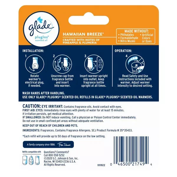 Glade PlugIns Scented Oil Air Freshener - Hawaiian Breeze - 1.34oz/2pk