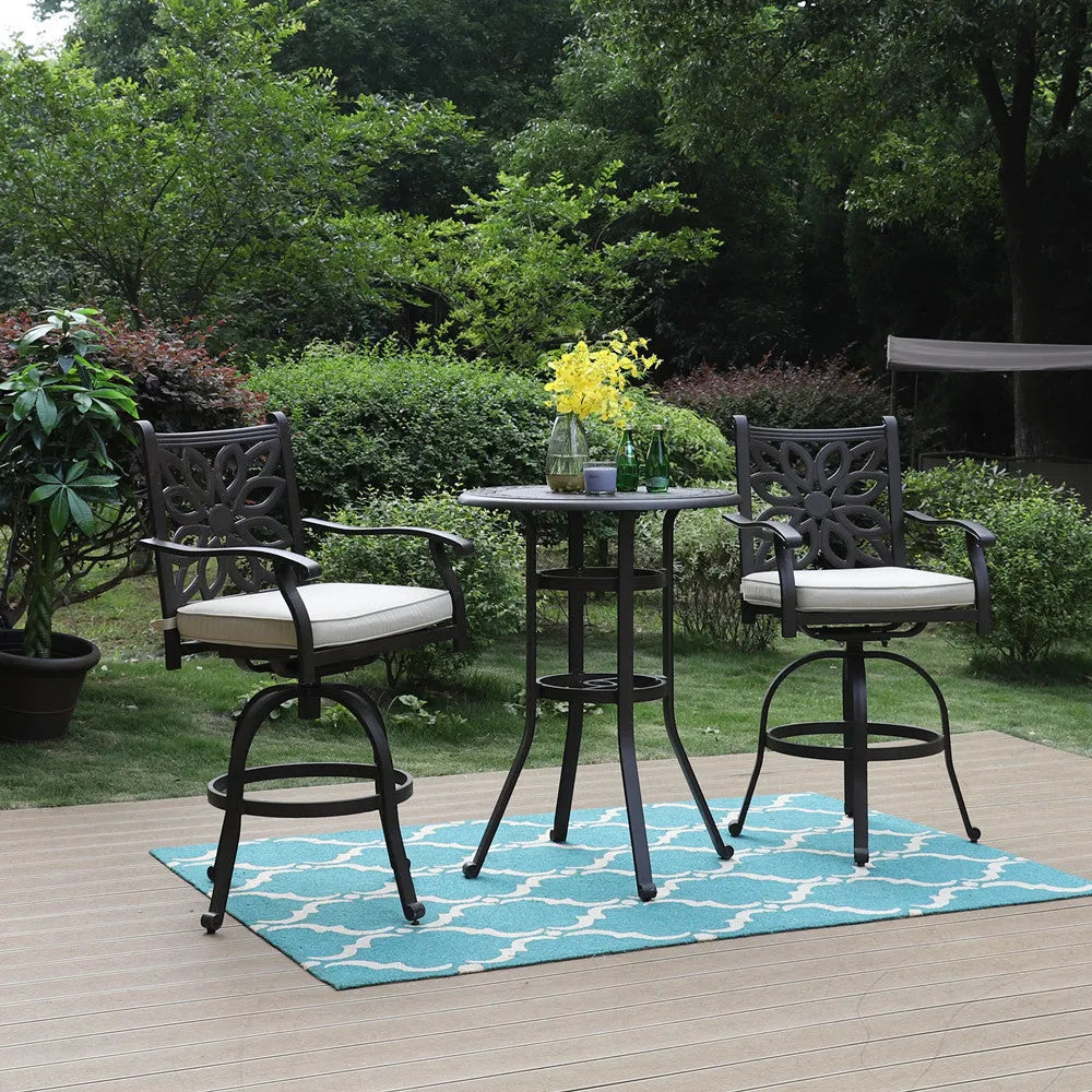 Cast Aluminum Patio Outdoor Pub Height Swivel Bistro Bar Stools Chairs & Table