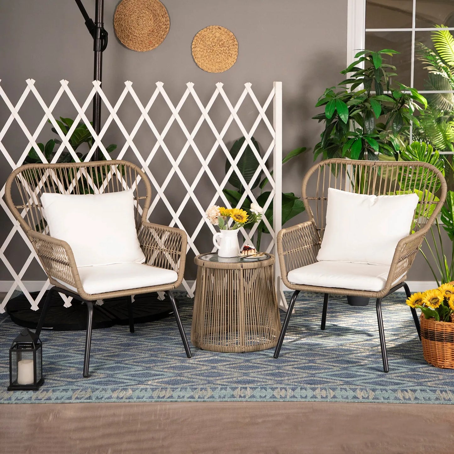 3-Piece Outdoor Rattan Conversation Set With Cushions