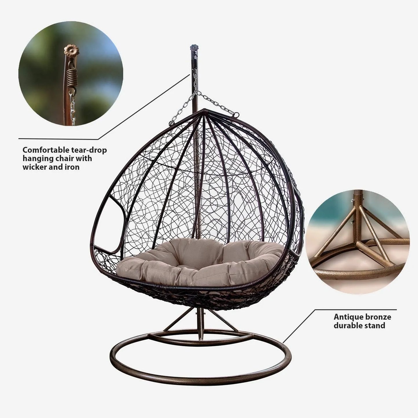 J.M.Deco Porch Swing Chair with Stand, Cushion & Pillow, Goldden Egg Rattan Wicker Swing Hanging Chair, Hammock Chair for Indoor, Outdoor, Garden, Backyard & Patio