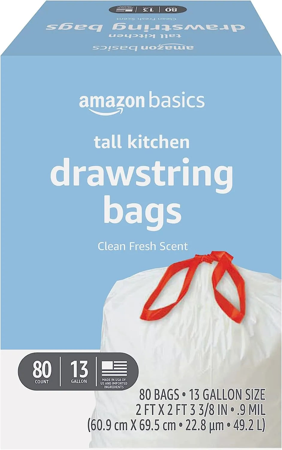 Basics Tall Kitchen Drawstring Trash Bags, 13 Gallon, Unscented, 120 Count (Previously Solimo)