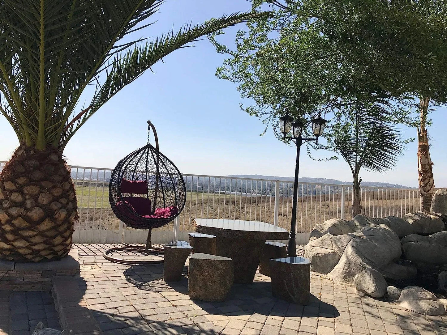 J.M.Deco Porch Swing Chair with Stand, Cushion & Pillow, Goldden Egg Rattan Wicker Swing Hanging Chair, Hammock Chair for Indoor, Outdoor, Garden, Backyard & Patio