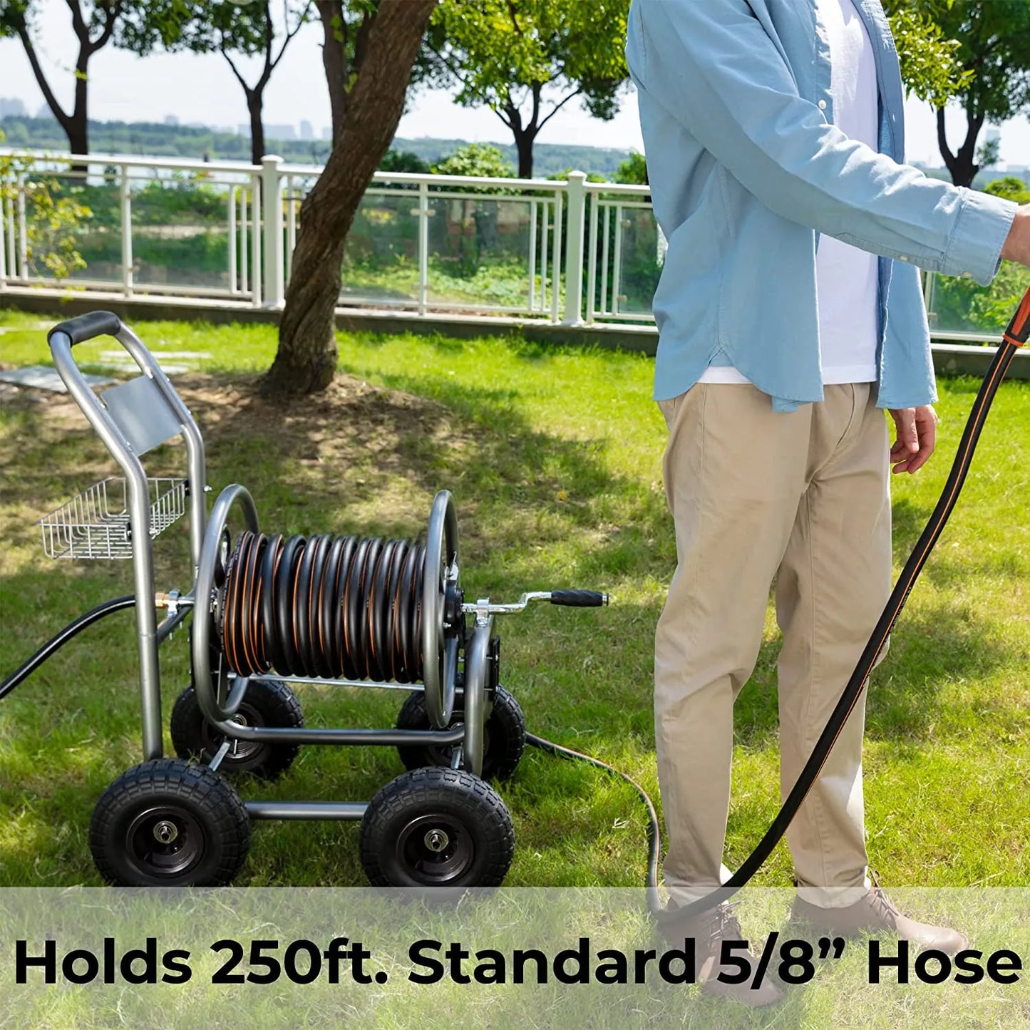 Hose Reel Cart, Hose Reel Cart with Wheels Heavy Duty, Industrial Hose Reels for Outside, 250-Feet of 5/8" Hose Capacity, Hose Guide Installed