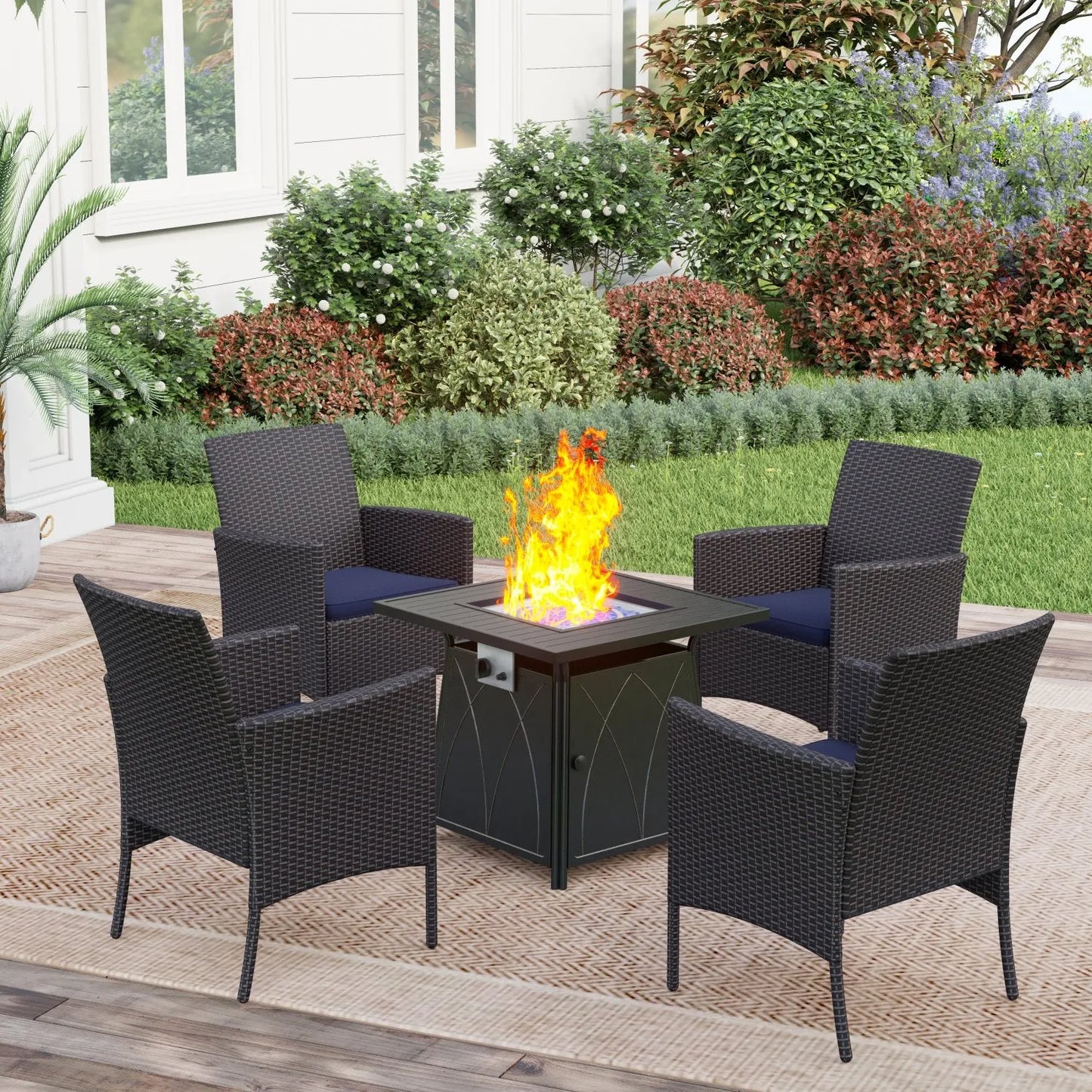 5-Piece Patio Fire Pit Set Rattan Dining Chairs & 50,000BTU Square Fire Pit Table