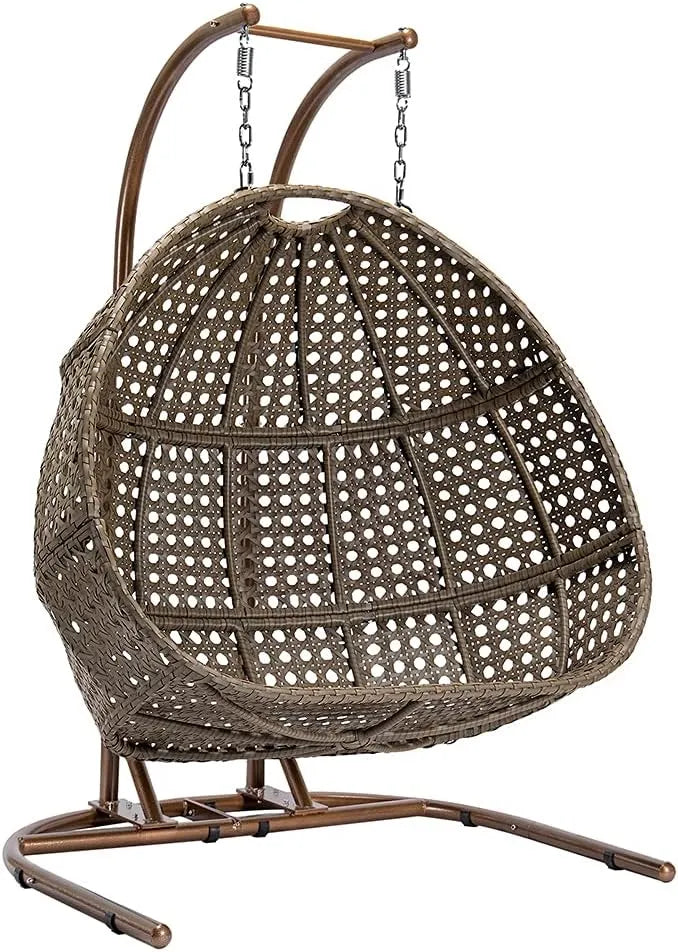 Hanging Egg Chair with Stand, 2 Person Heavy Duty Hanging Wicker Rattan Swing Chair Basket Hammock Nest Chair Seat for Indoor Outdoor Patio Lounger Swinging Loveseat (Beige)