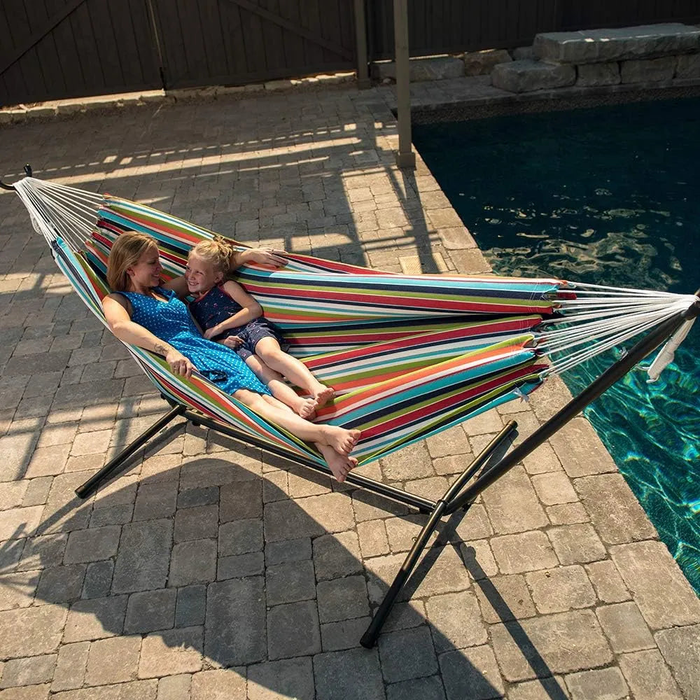 Double Cotton Hammock with Space Saving Steel Stand, Tropical (450 lb Capacity - Premium Carry Bag Included)