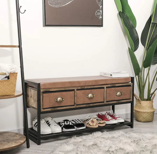 X-cosrack Industrial Shoe Bench Rack, 3-Tier Shoe Storage Organizer Shelf, Cushion Storage Bench with 3 Drawers &Mesh Shelf for Bedroom Hallway Entryway Living Room,Brown and Black
