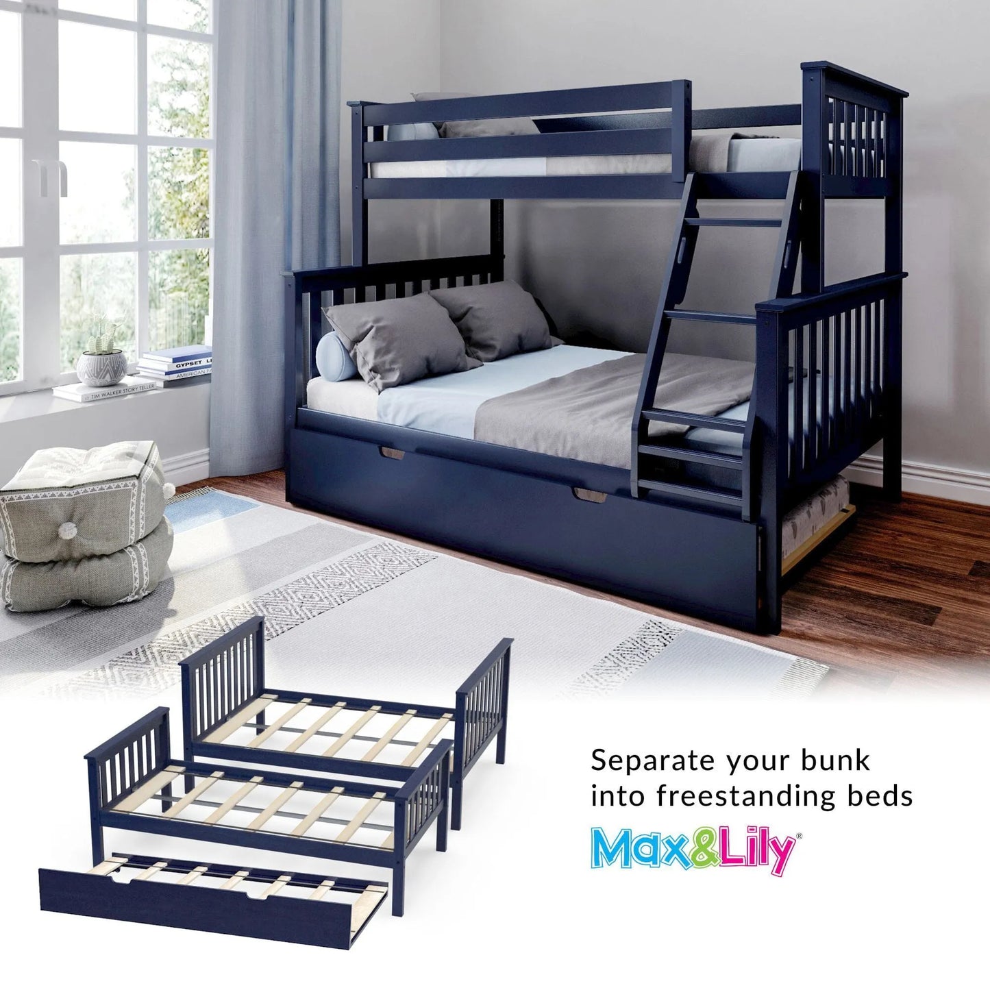 &#127876;Store Closing Sale&#128150;Kids Solid Wood Twin-Over-Full Bunk Bed + Trundle Bed
