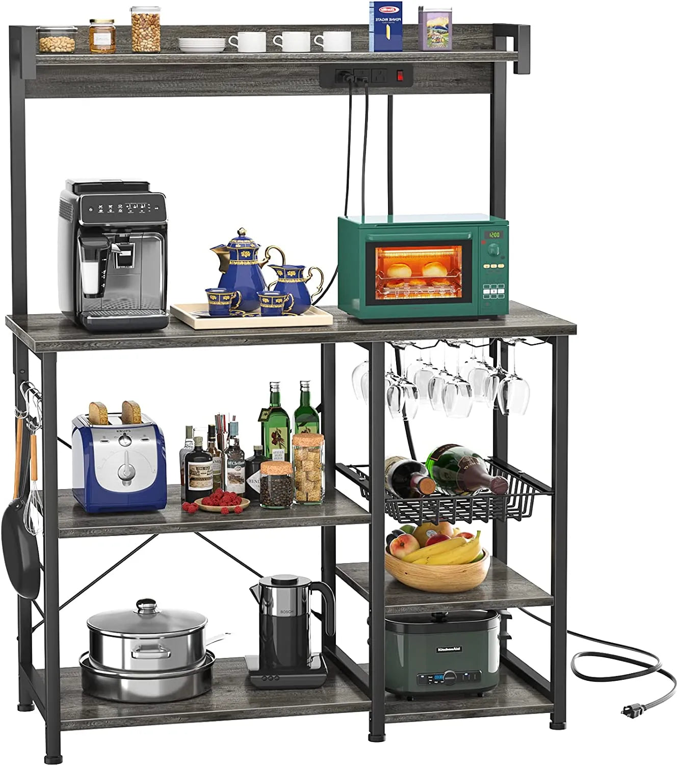 Bakers Rack with Power Outlet, Microwave Stand, Kitchen Storage Shelf with Wire Basket, Coffee Bar Station with Wine Glass Holder, 35.4" Kitchen Rack for Spices, Pots, and Pans