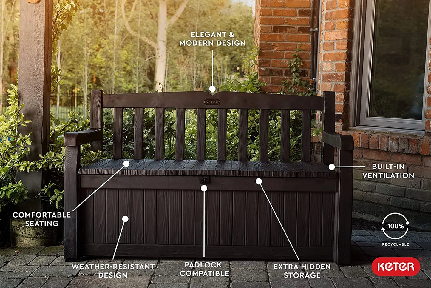 Keter Solana 70 Gallon Storage Bench Deck Box for Patio Furniture, Front Porch Decor and Outdoor Seating – Perfect to Store Garden Tools and Pool Toys,Brown/Brown