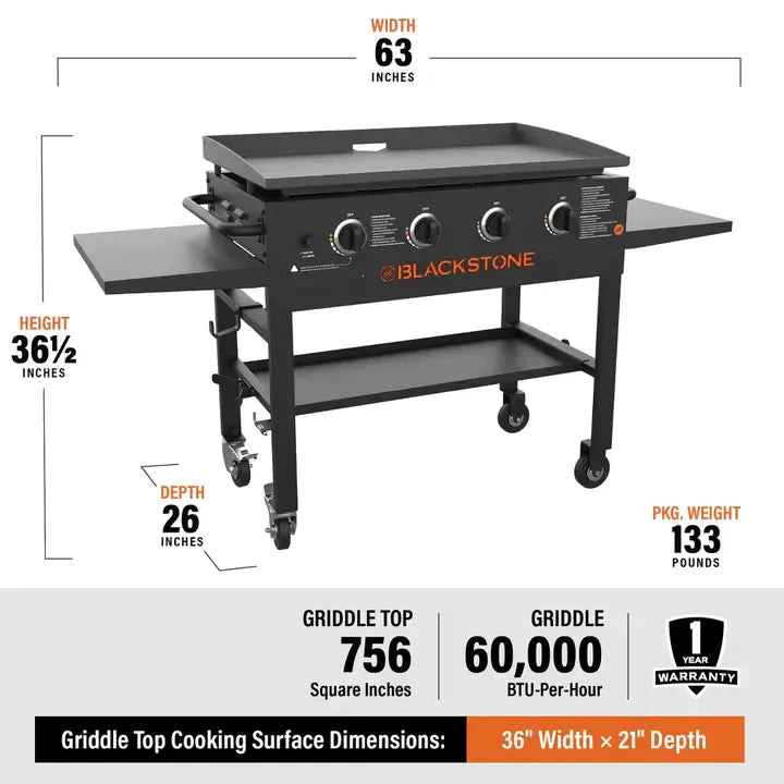 4-Burner 36′′ Griddle Cooking Station With Side Shelves