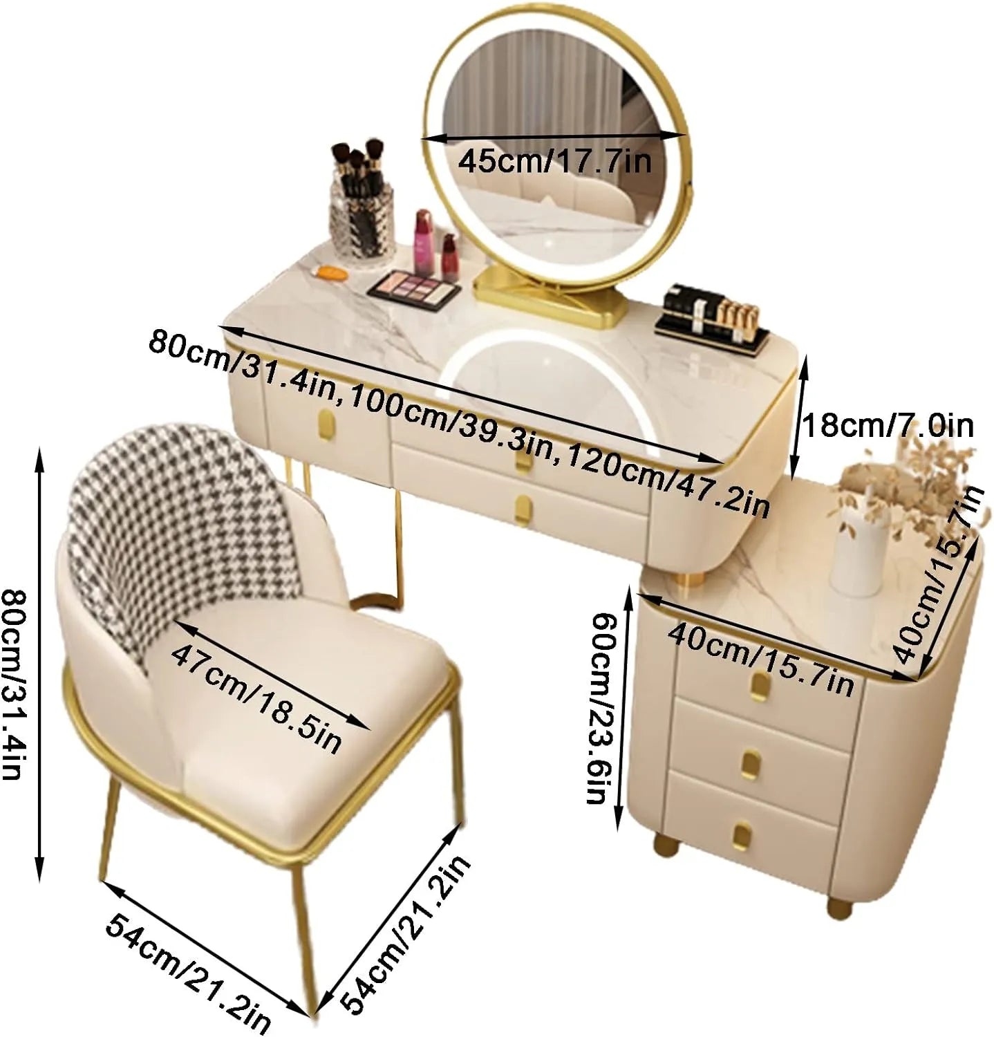 BUJOG Dressing Table with Lighted Mirror, Dressing Table with Padded Stool and 6 Drawers, Dressing Table Set with 3 Colour Lighting Modes, Storage Shelves for Girls and Women Bedrooms