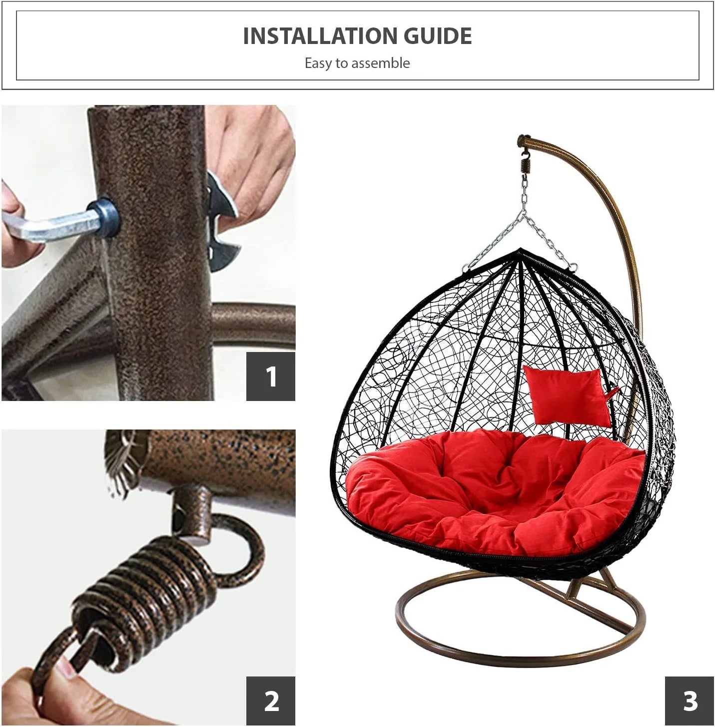 J.M.Deco Porch Swing Chair with Stand, Cushion & Pillow, Goldden Egg Rattan Wicker Swing Hanging Chair, Hammock Chair for Indoor, Outdoor, Garden, Backyard & Patio