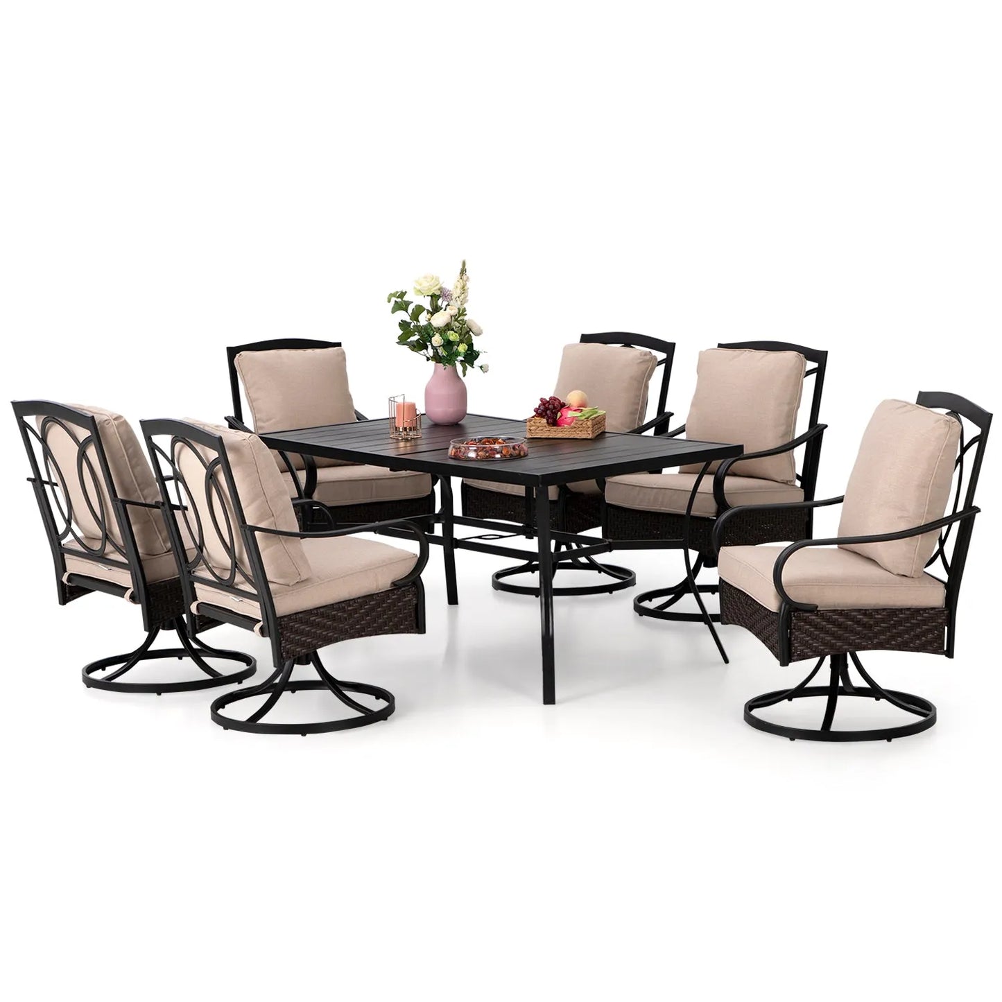7-Piece Patio Dining Set With 6 Cushioned Steel & Rattan Chairs and Rectangle Table