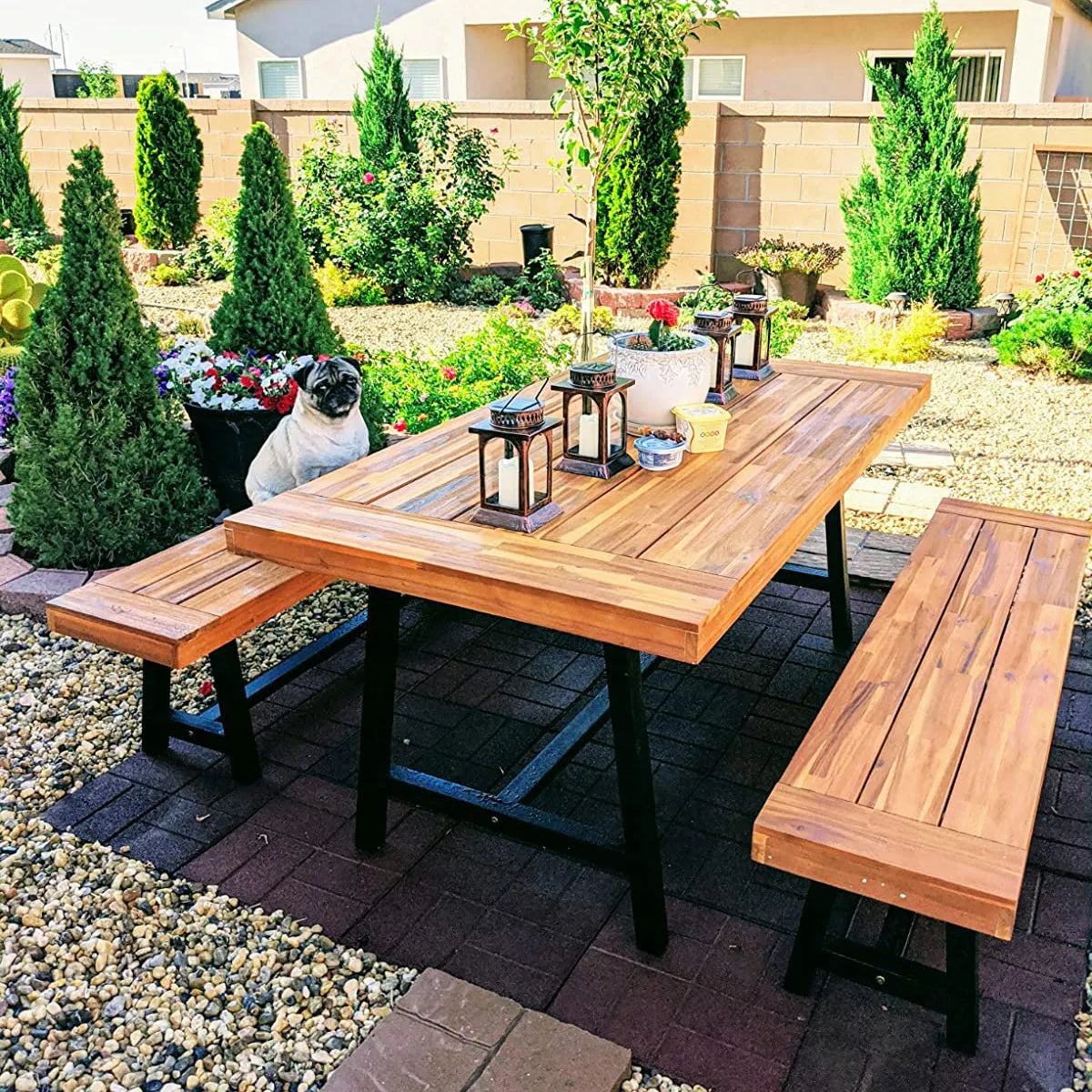 Patio Modern Acacia Wood Dining Set Outdoor Bench Picnic Table