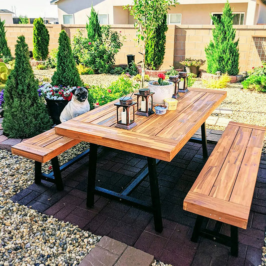 Patio Modern Acacia Wood Dining Set Outdoor Bench Picnic Table