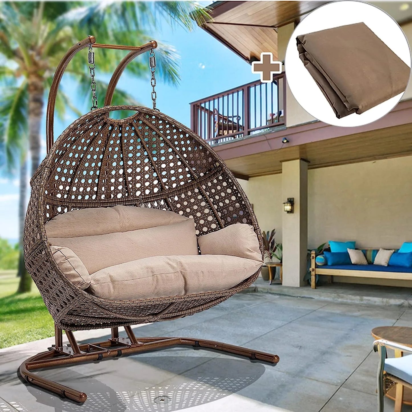 JOYBASE Hanging Egg Chair with Stand, Outdoor Wicker Rattan Egg Swing Chair with Stand and Cushion for Indoor Outdoor Bedroom Patio Garden (Grey/Black)