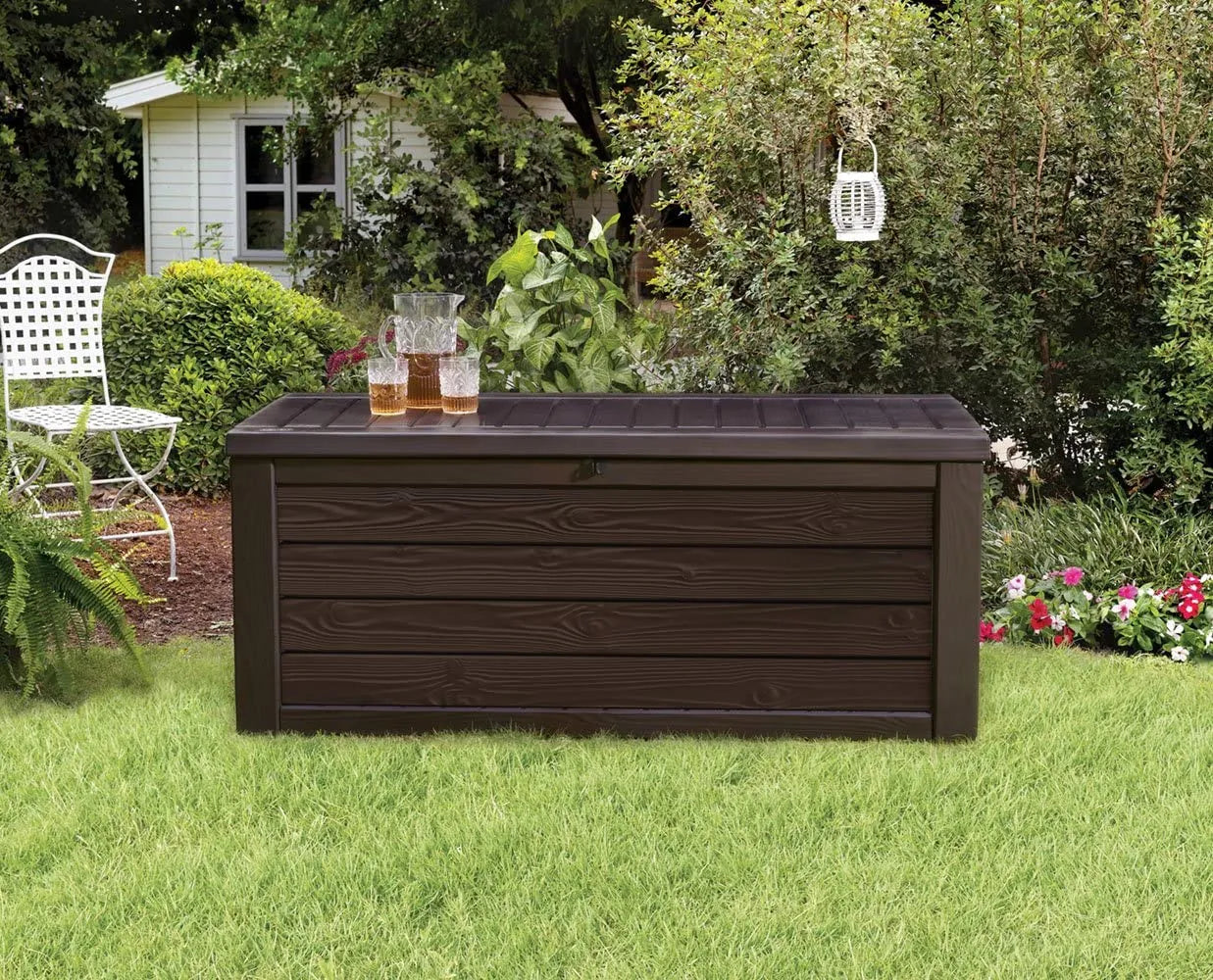 Keter Solana 70 Gallon Storage Bench Deck Box for Patio Furniture, Front Porch Decor and Outdoor Seating – Perfect to Store Garden Tools and Pool Toys,Brown/Brown