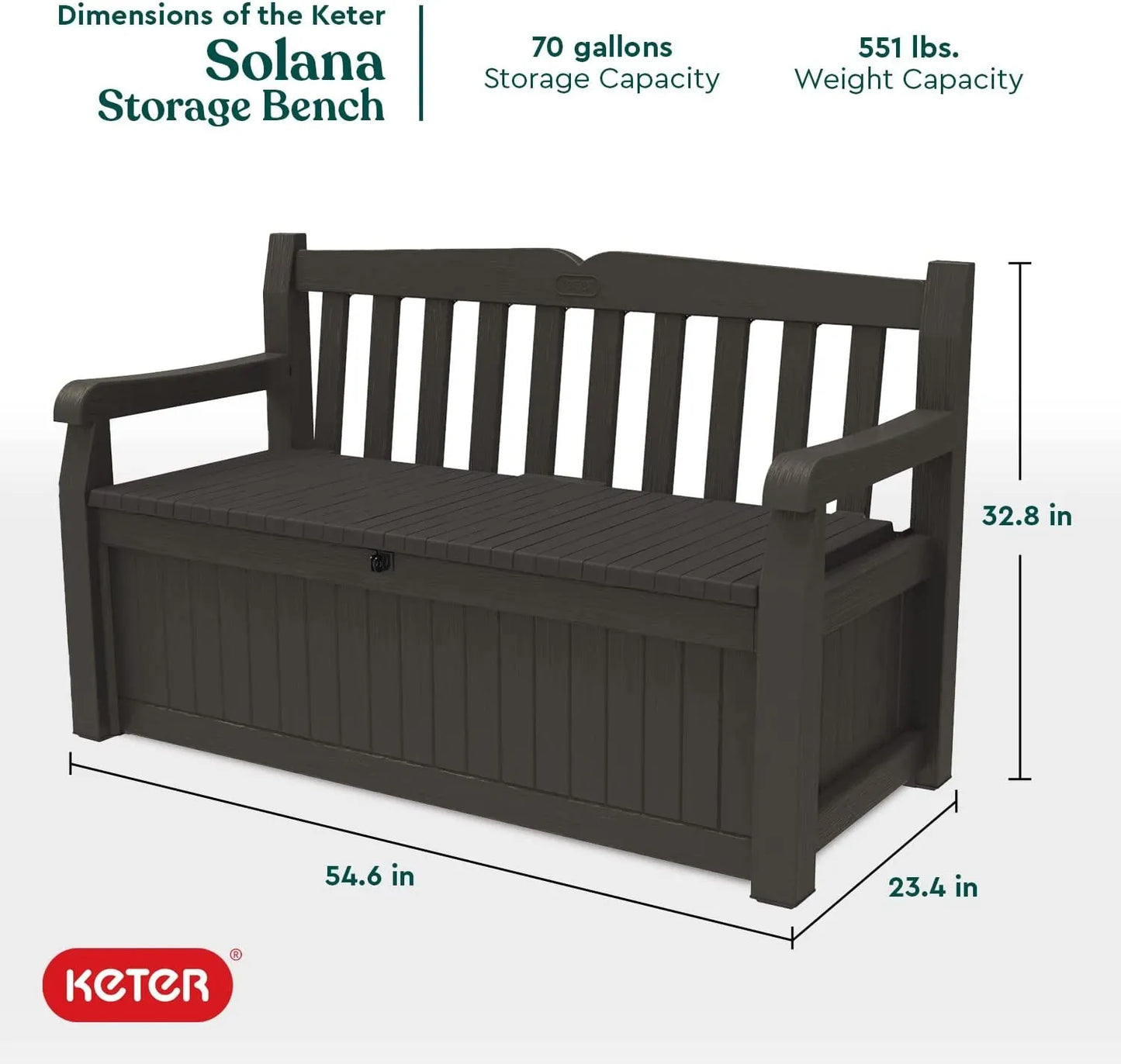 Keter Solana 70 Gallon Storage Bench Deck Box for Patio Furniture, Front Porch Decor and Outdoor Seating – Perfect to Store Garden Tools and Pool Toys,Brown/Brown