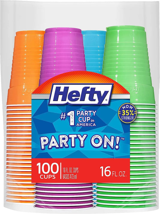 Hefty Party On Disposable Plastic Cups, Assorted, 16 Ounce, 100 Count