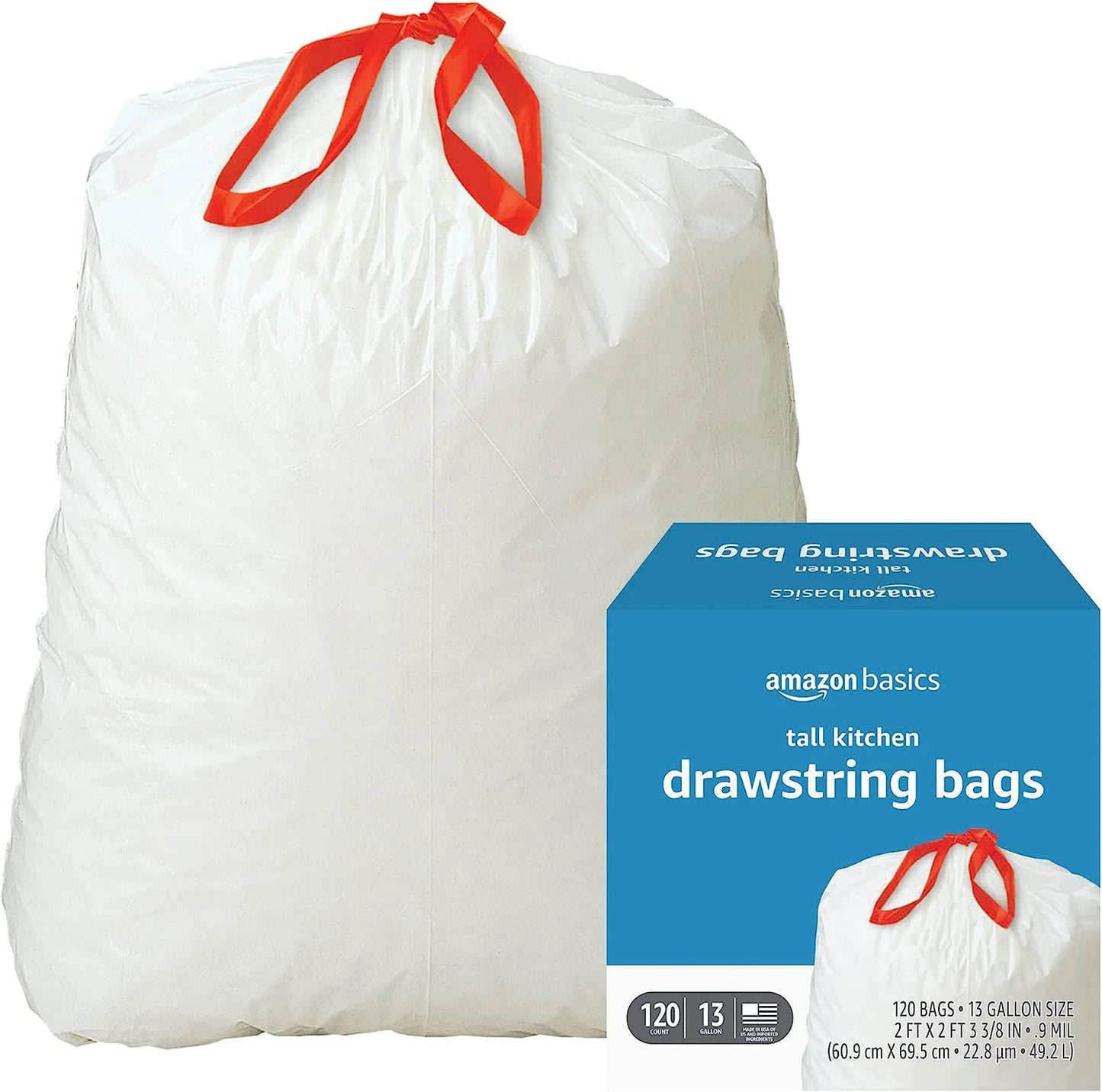 Amazon Basics Tall Kitchen Drawstring Trash Bags, 13 Gallon, Unscented, 120 Count (Previously Solimo)