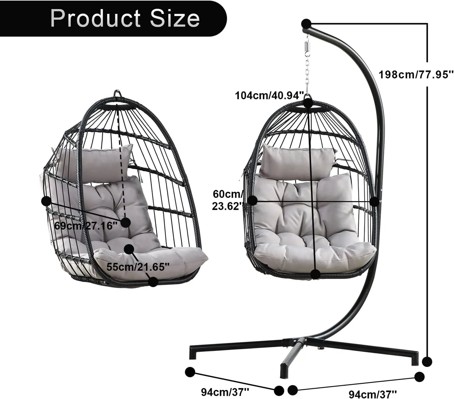 PRIVATE GARDEN Large Hanging Egg Chair with Stand Upgraded Wicker Egg Swing Chair Outdoor Indoor PE Rattan Hanging Chair with Grey Comfort Cushion Heavy Duty C-Stand