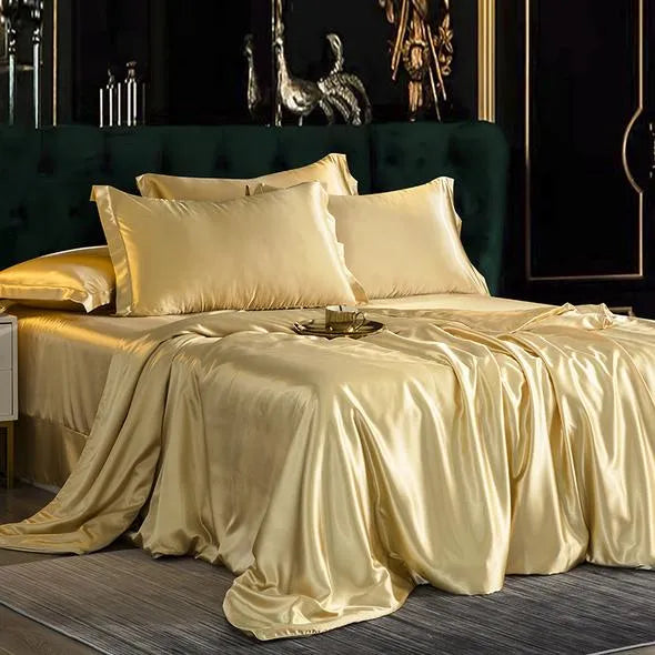 4PCS SUPER SOFT Luxury Silk Bedding Set(1 FLAT SHEET+1 QUILT COVER+ 2 PILLOWCASE)