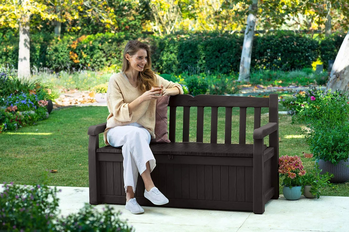 Keter Solana 70 Gallon Storage Bench Deck Box for Patio Furniture, Front Porch Decor and Outdoor Seating – Perfect to Store Garden Tools and Pool Toys,Brown/Brown