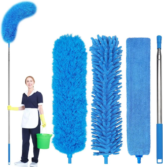 Household Cleaning Dusters 3 in 1 Kit,Microfiber Duster with Extension Pole 30-100 Inches,Retractable Gap Dust Brush Cleaner Long Feather Duster for Cleaning Ceiling Fan,Furniture,Blinds,Wall (Blue)