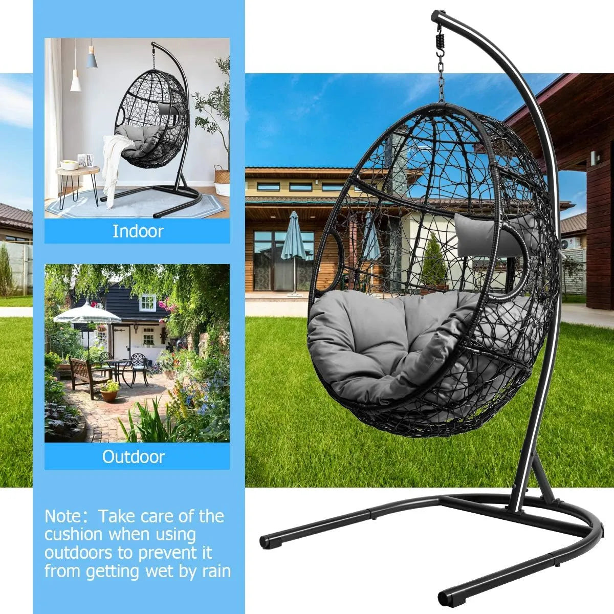 Giantex Hanging Egg Chair, 36.5-Width Oversized Swing Chair with C-Hammock Stand Set, Hammock Chair with Soft Seat Cushion & Pillow, Multifunctional Hanging Chairs for Outdoor Indoor Bedroom (Gray)