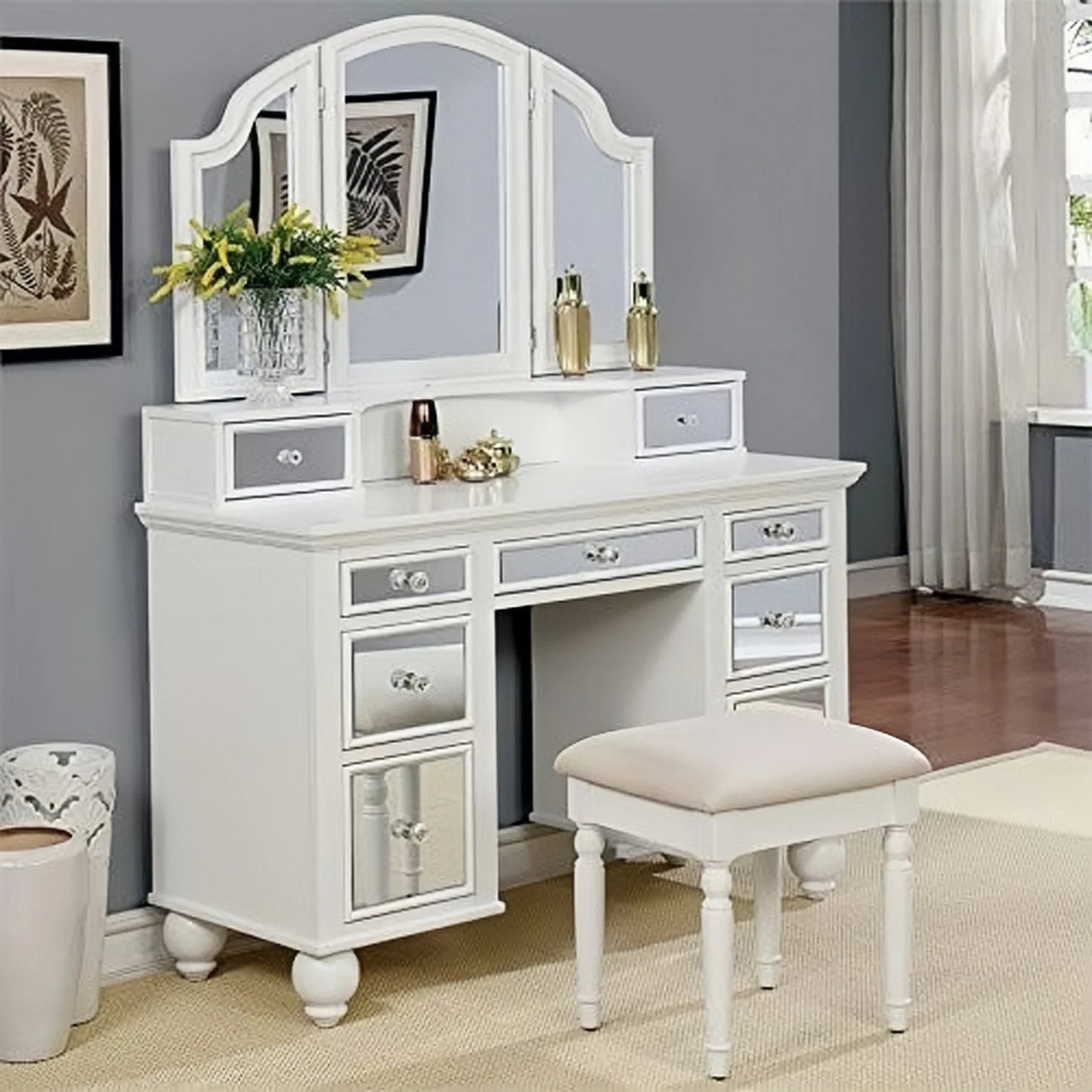 Furniture of Diane Contemporary Wood 3-Piece Vanity Set in White