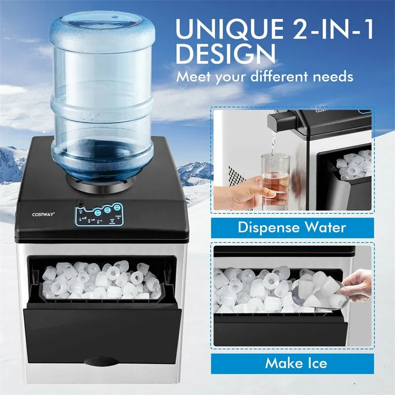 48LBS/24H 2-in-1 Stainless Steel Countertop Ice Maker Built-in Water Dispenser with Chilled Water Spout 5LBS Ice Storage Basket