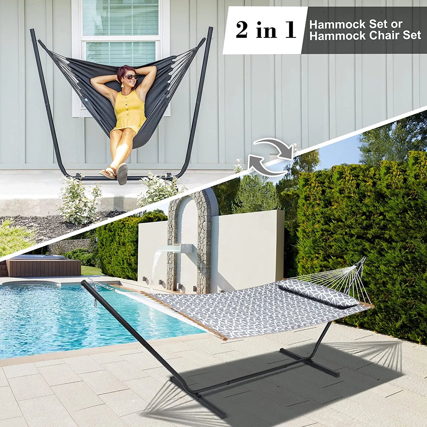 55 Inch Extra Large Double Hammock with Stand, 475lbs Capacity, Outdoor Portable Hammock with Hardwood Spreader Bar, Extra Large Pillow