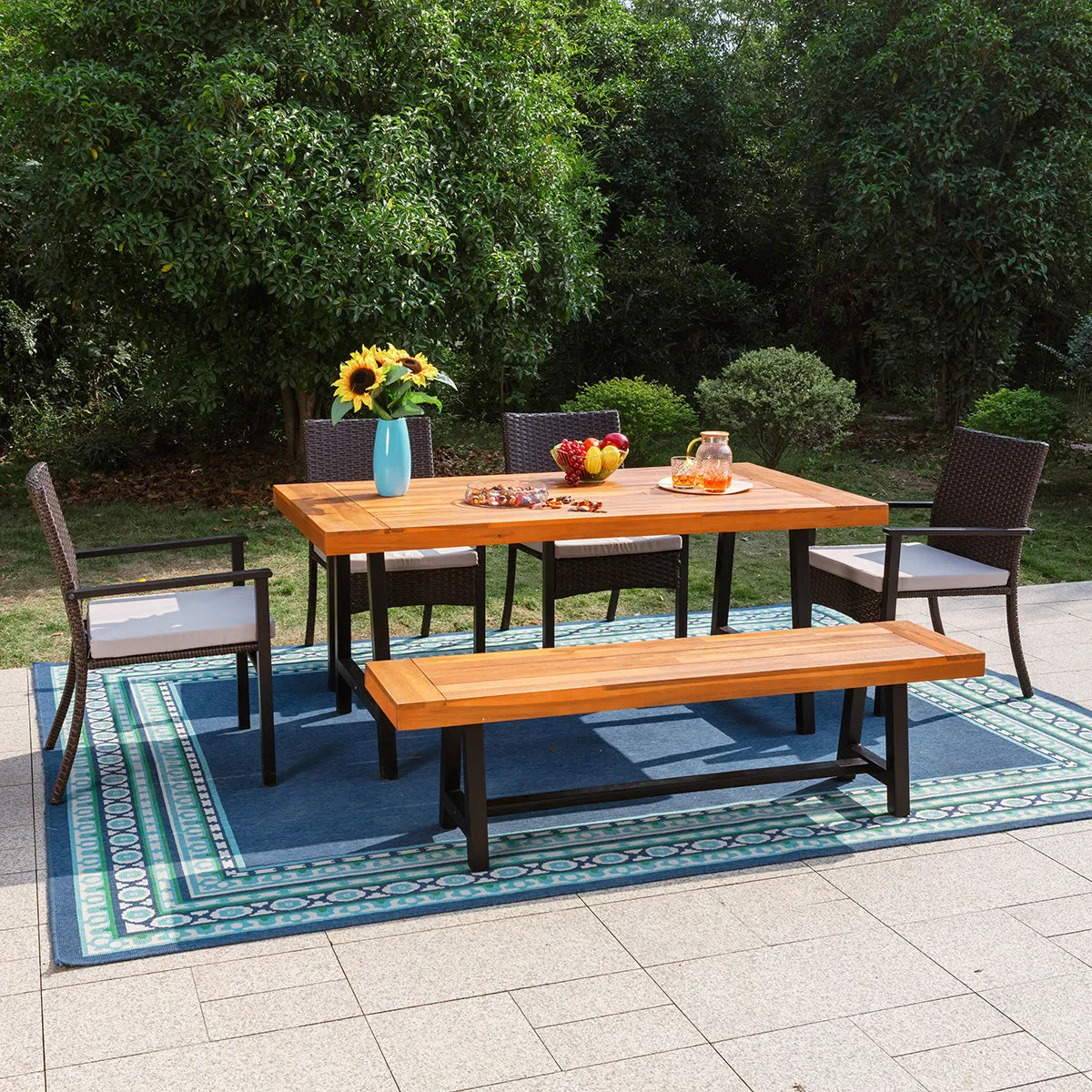 6 Piece Outdoor Dining Set with Acacia Wood Table & Wooden Bench and 4 Cushioned Rattan Wicker Chairs