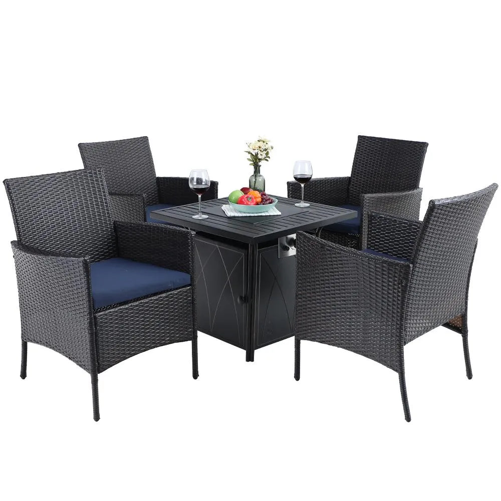 5-Piece Patio Fire Pit Set Rattan Dining Chairs & 50,000BTU Square Fire Pit Table