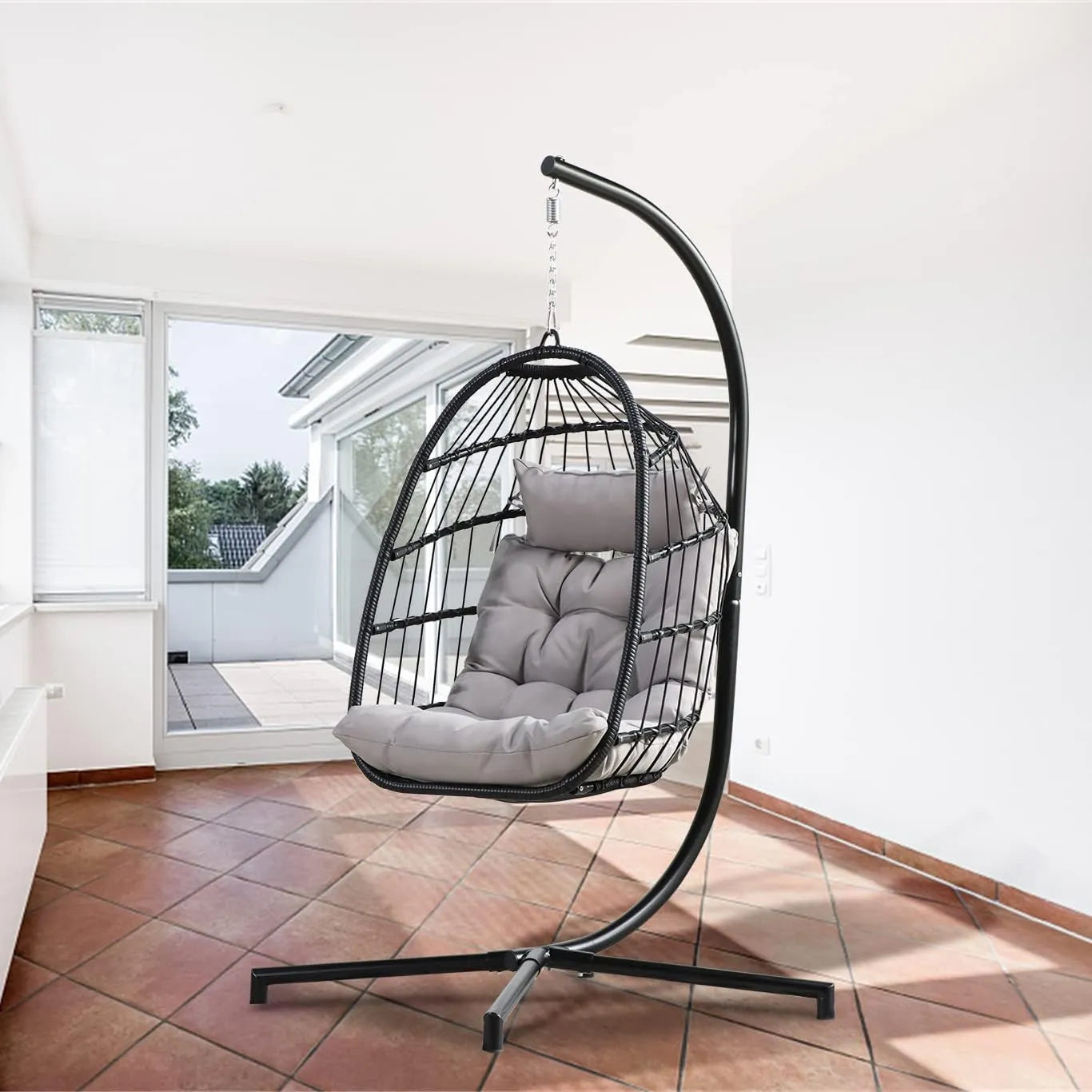 PRIVATE GARDEN Large Hanging Egg Chair with Stand Upgraded Wicker Egg Swing Chair Outdoor Indoor PE Rattan Hanging Chair with Grey Comfort Cushion Heavy Duty C-Stand