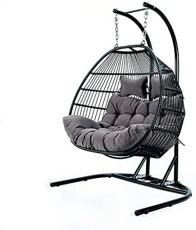 Hanging Egg Chair with Stand, 2 Person Heavy Duty Hanging Wicker Rattan Swing Chair Basket Hammock Nest Chair Seat for Indoor Outdoor Patio Lounger Swinging Loveseat (Beige)