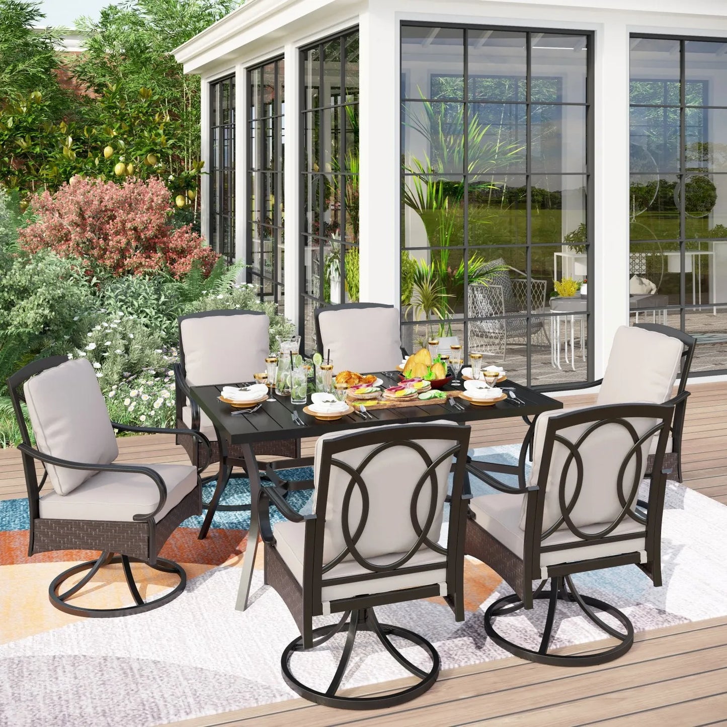 7-Piece Patio Dining Set With 6 Cushioned Steel & Rattan Chairs and Rectangle Table