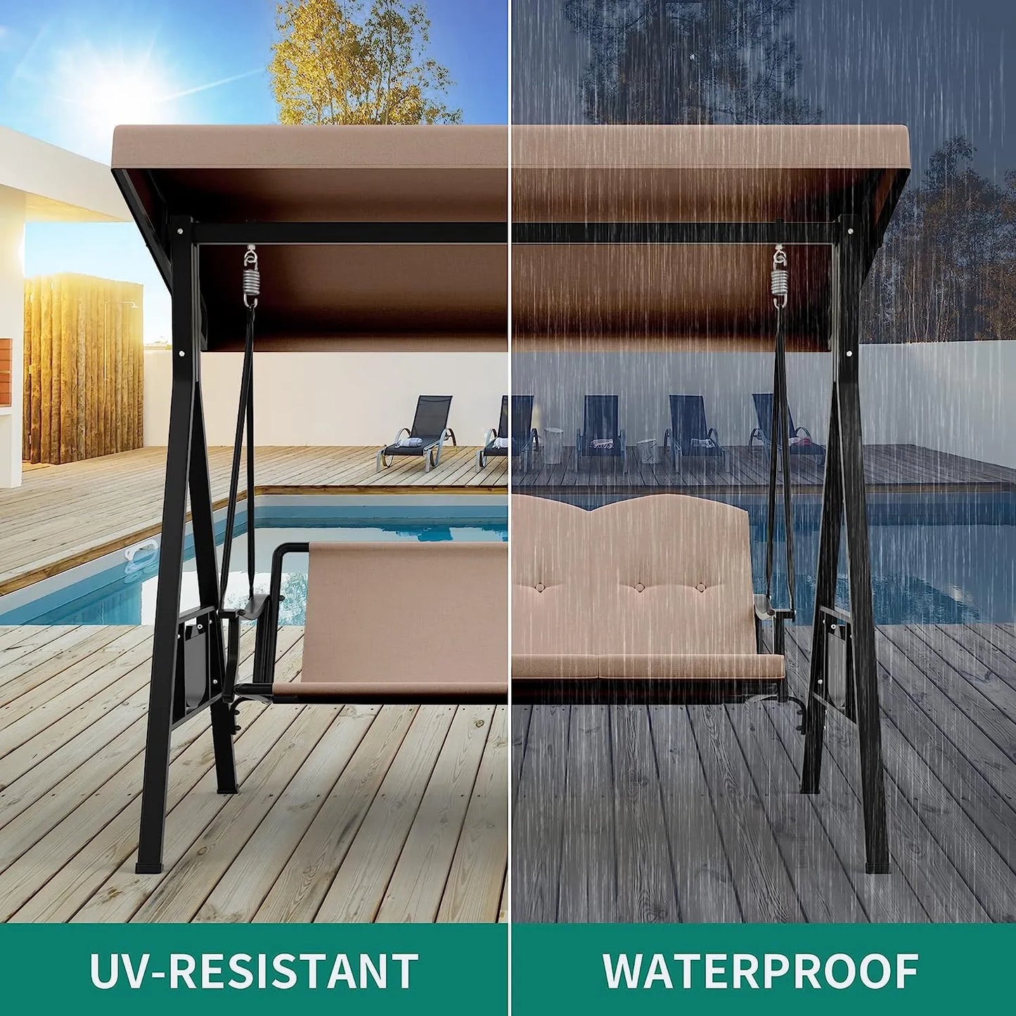 YITAHOME 3-Seat Deluxe Porch Swing Outdoor Heavy Duty Patio Swing Chair with Adjustable Canopy Removable Cushions Weather Resistant Steel Frame Suitable for Garden, Lawn, Backyard, Balcony, Brown