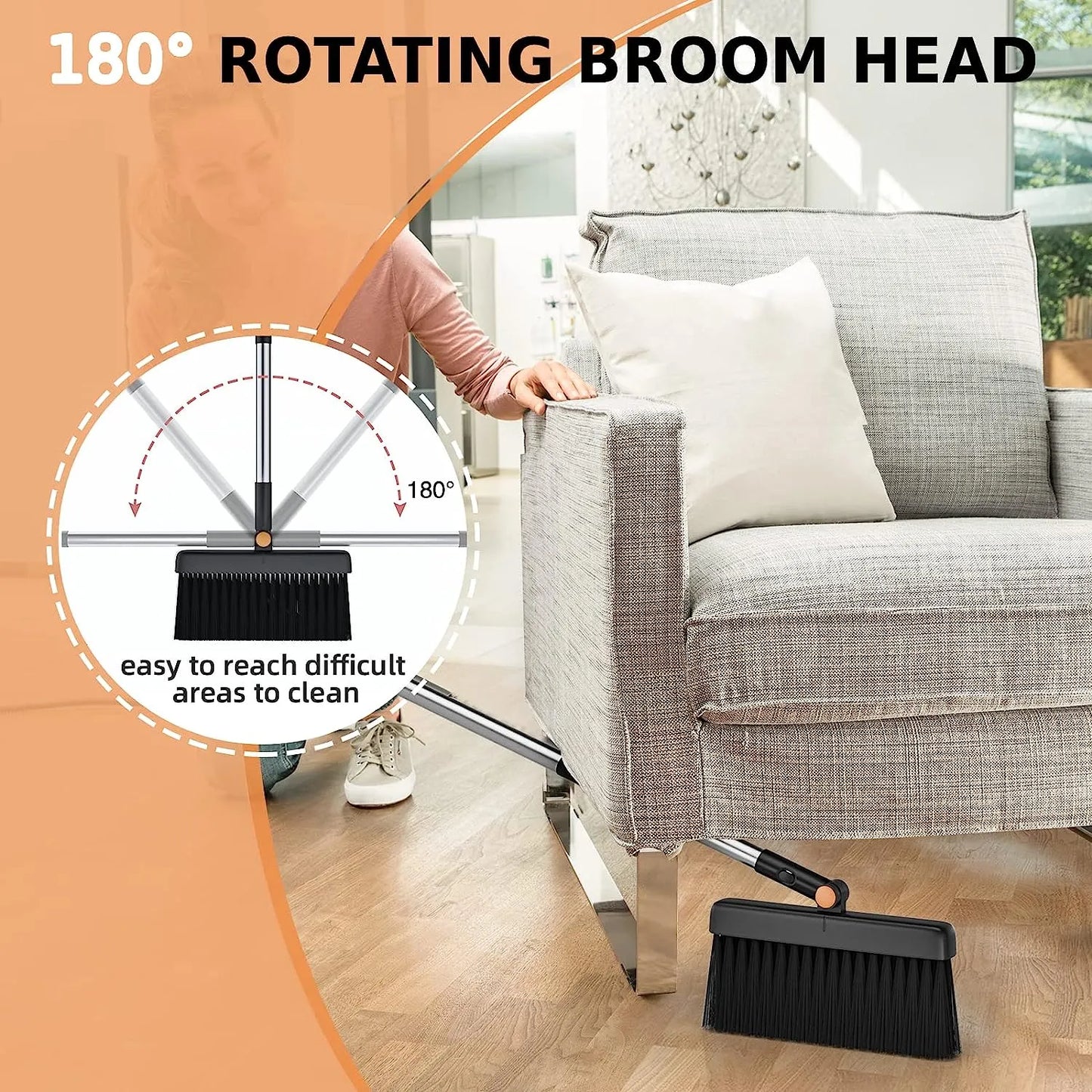 Broom and Dustpan Set, Cleaning Supplies Broom and Dustpan Set for Home, 48" Long Stainless Steel Handle Brooms with Upright Dustpan Combo Set for Home Office Kitchen Lobby Floor Cleaning