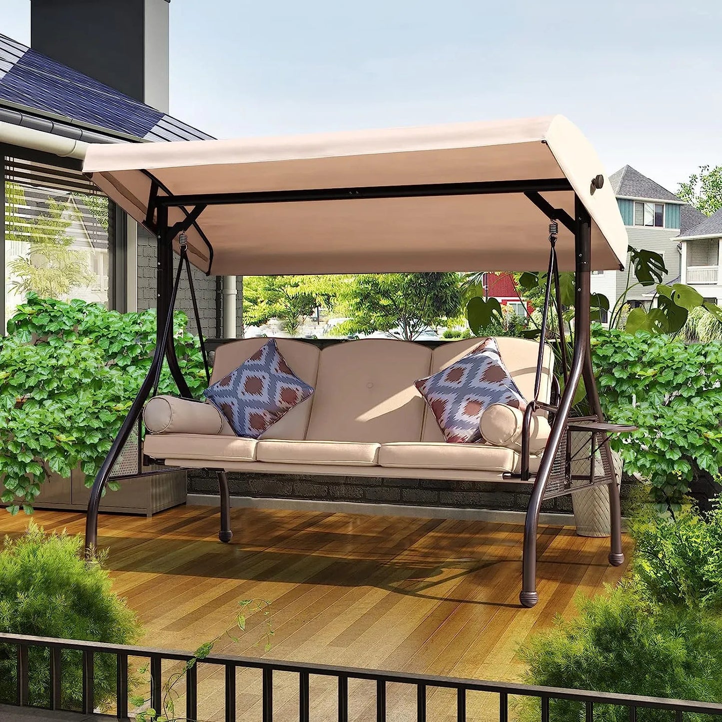 NOBLEMOOD Patio Porch Swing, 3-Seat Outdoor Swing with Adjustable Canopy, Thickened Cushion, Pillow and Foldable Side Tray for Patio, Backyard, Porch Swing Bed for Spring(Khaki)