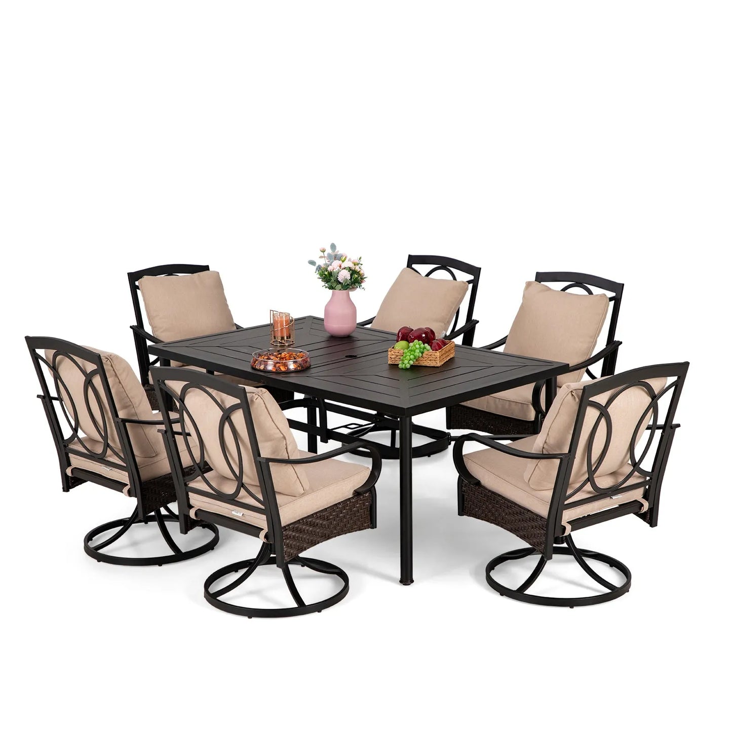 7-Piece Patio Dining Set With 6 Cushioned Steel & Rattan Chairs and Rectangle Table