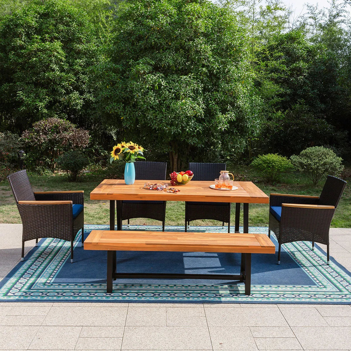 6 Piece Outdoor Dining Set with Acacia Wood Table & Wooden Bench and 4 Cushioned Rattan Wicker Chairs