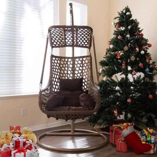 J.M.Deco Porch Swing Chair with Stand, Cushion & Pillow, Goldden Egg Rattan Wicker Swing Hanging Chair, Hammock Chair for Indoor, Outdoor, Garden, Backyard & Patio