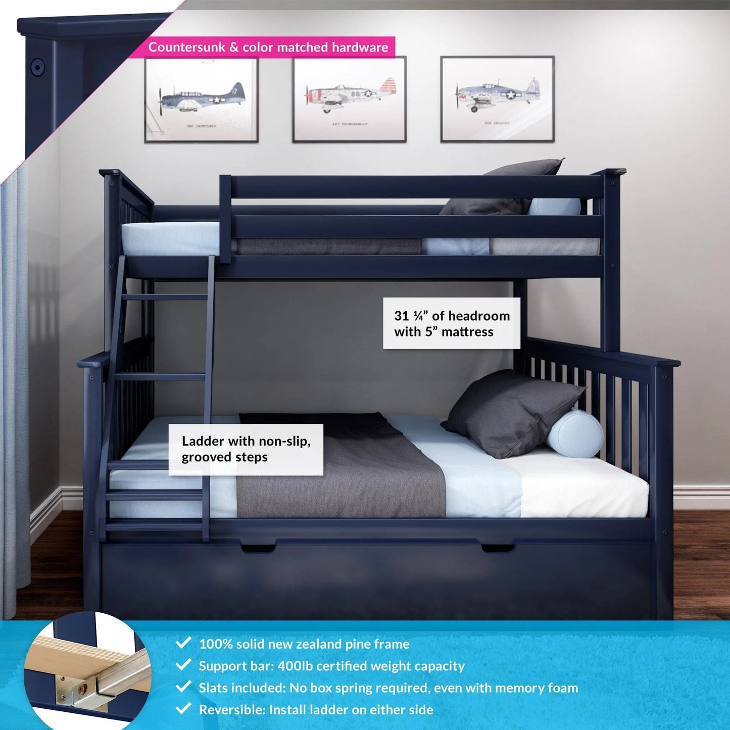 &#127876;Store Closing Sale&#128150;Kids Solid Wood Twin-Over-Full Bunk Bed + Trundle Bed