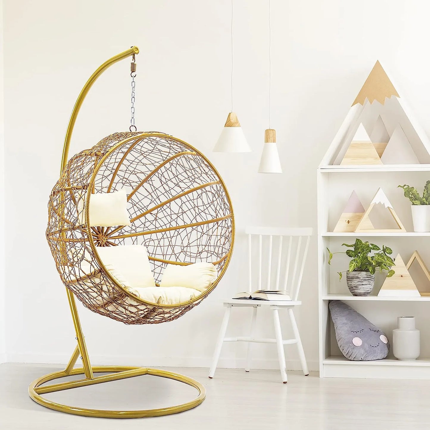 J.M.Deco Porch Swing Chair with Stand, Cushion & Pillow, Goldden Egg Rattan Wicker Swing Hanging Chair, Hammock Chair for Indoor, Outdoor, Garden, Backyard & Patio