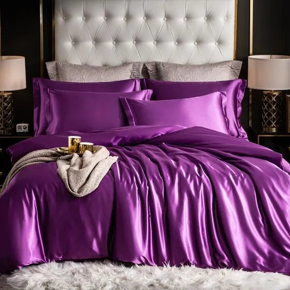 4PCS SUPER SOFT Luxury Silk Bedding Set(1 FLAT SHEET+1 QUILT COVER+ 2 PILLOWCASE)