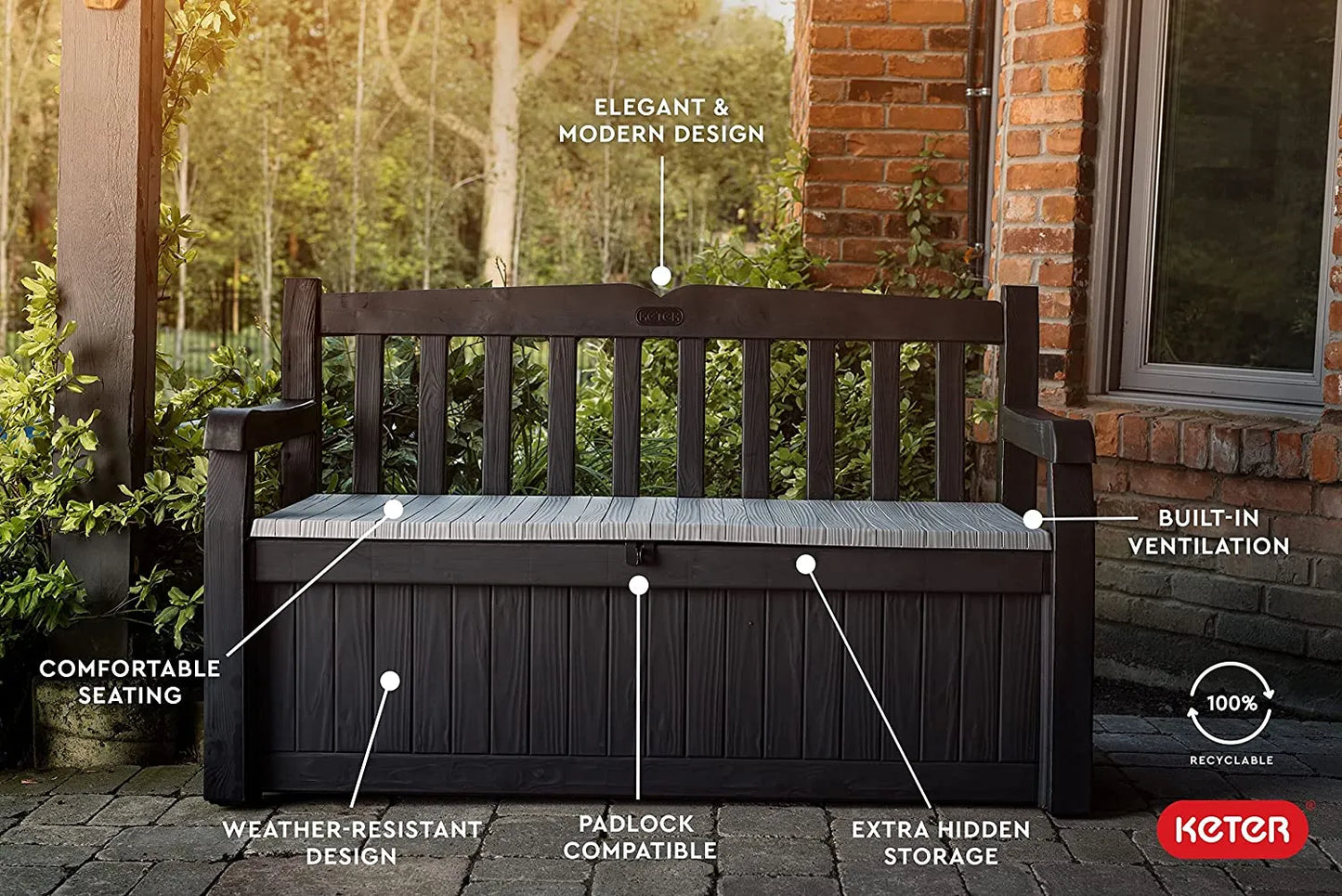 Keter Solana 70 Gallon Storage Bench Deck Box for Patio Furniture, Front Porch Decor and Outdoor Seating – Perfect to Store Garden Tools and Pool Toys,Brown/Brown