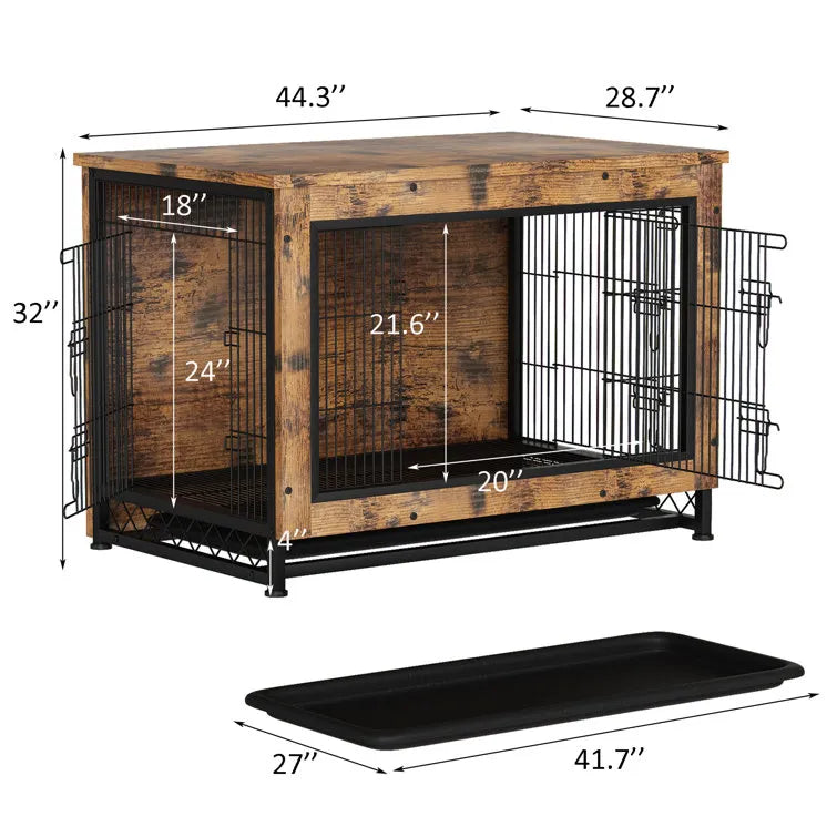 Industrial Style Rustic Brown Wooden Dog Kennel With Three Doors, Indoor Pet Furniture Dog Crate End Table